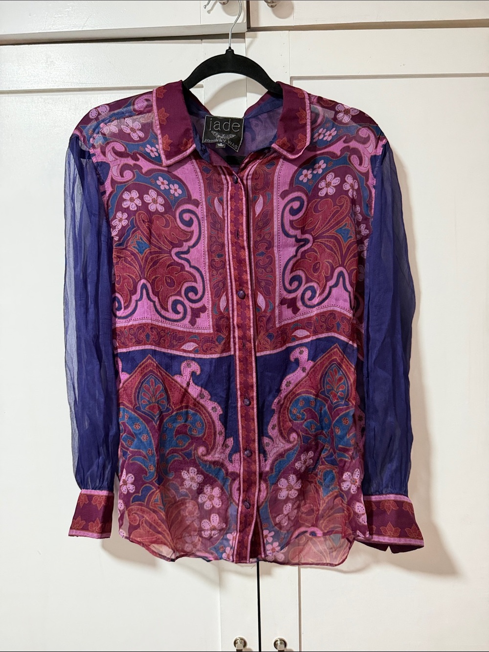 Johnny Was Sheer Paisley Button-Up Blouse in Purple and Pink